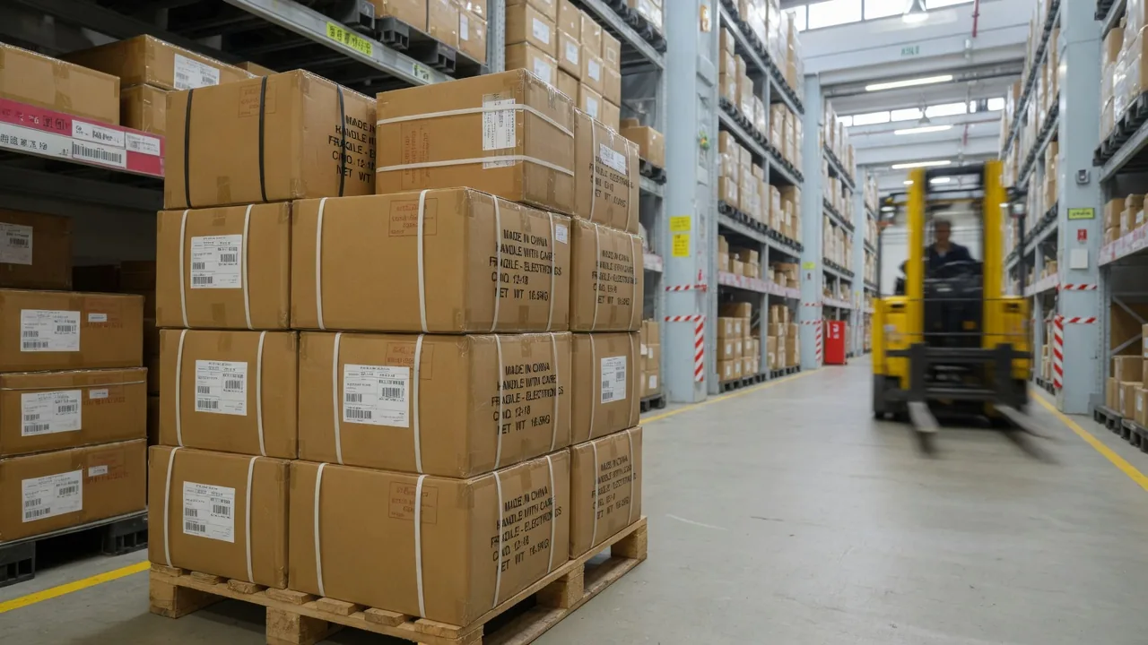 Export cartons of electronics stacked on a pallet in a warehouse aisle